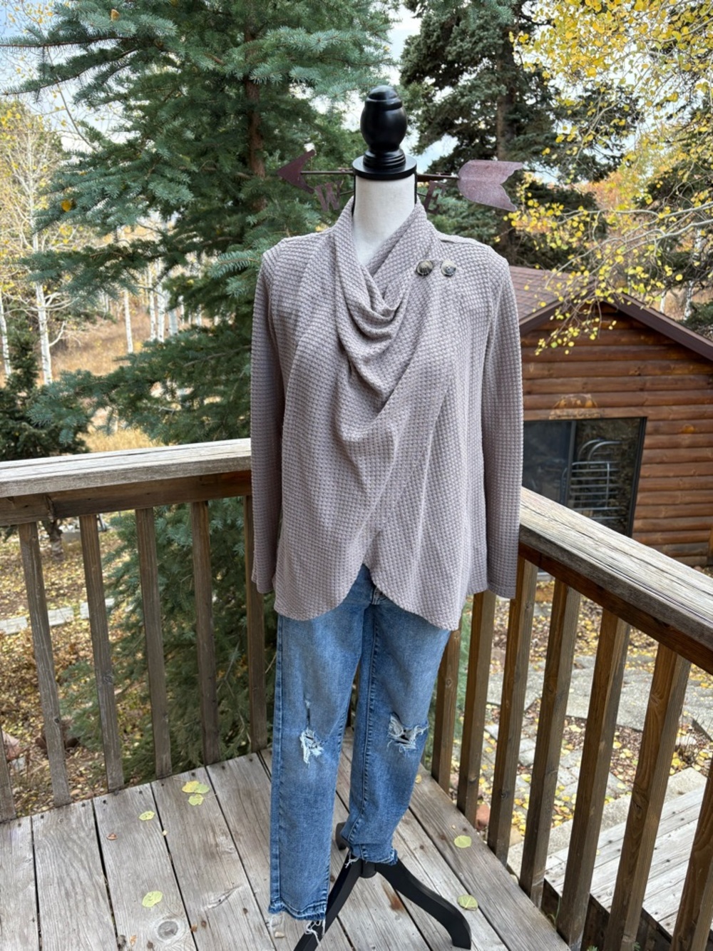 XS Women’s Taupe/Gray Draped Waffle Knit Cardigan/Top